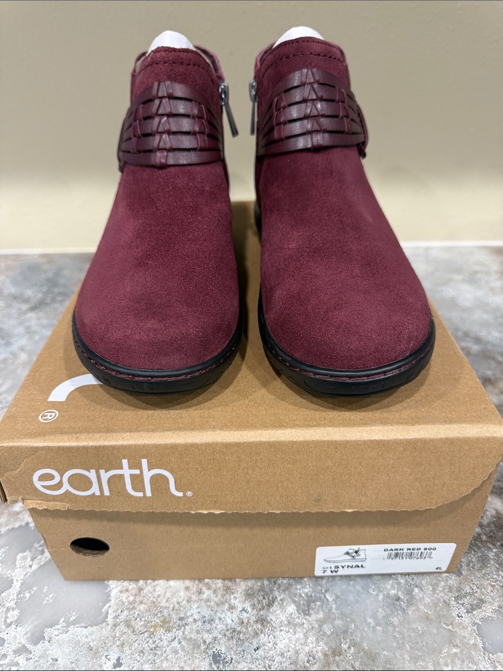 Earth Burgundy Suede Ankle Booties with Woven Strap